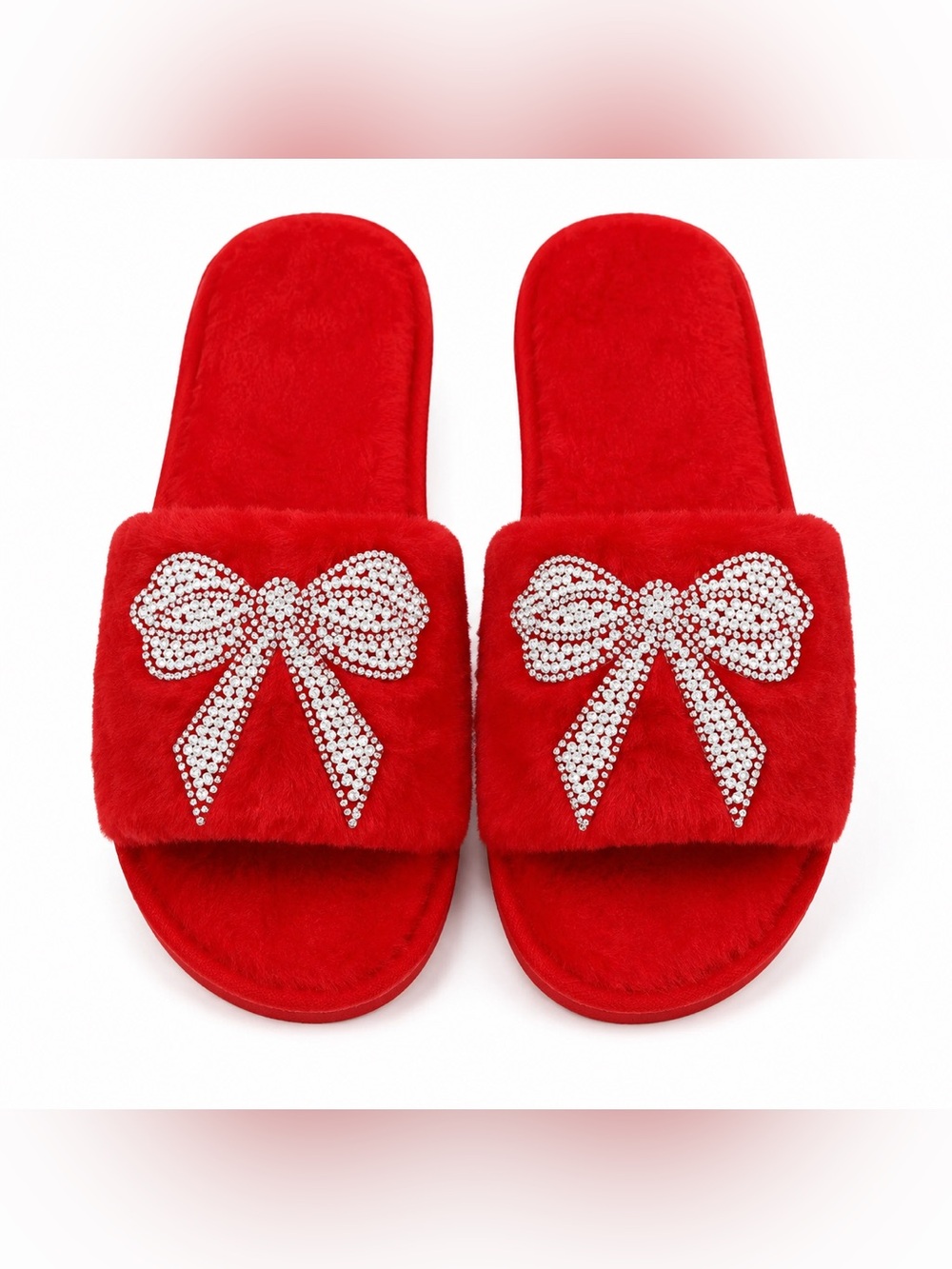 BRAND NEW WITH TAGS Red Plush Rhinestone Bow Slippers with Pearl Detail